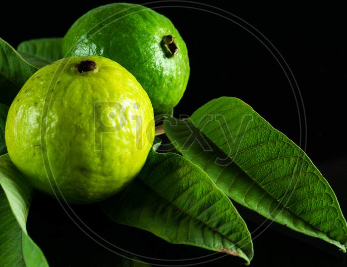Guava Fruit And Its Leaves On A Black Background
