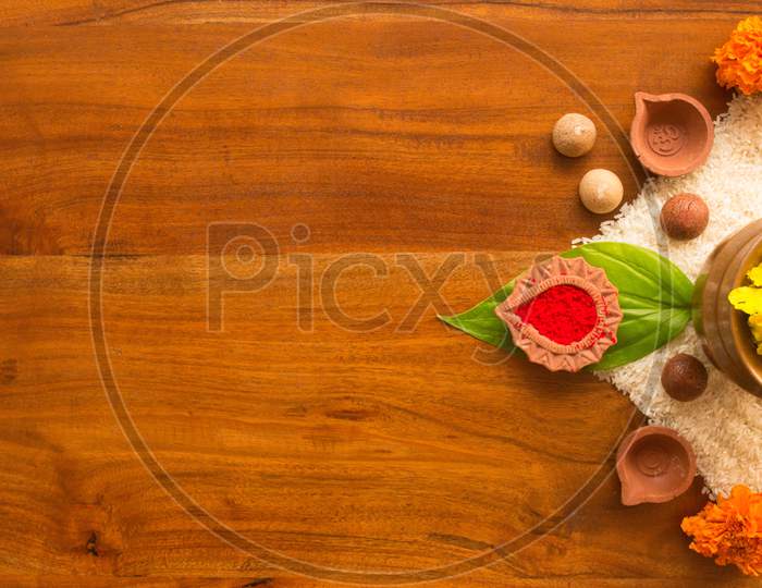 Diwali Elements on a Wooden Table