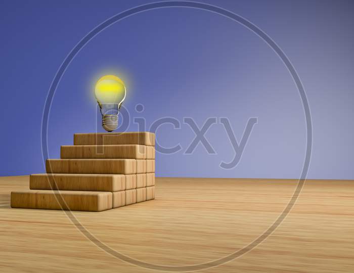 Wood Block Stacking As Step Stair With A Light Bulb On The Top.