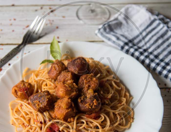 Close up of spaghetti pasta with meatballs