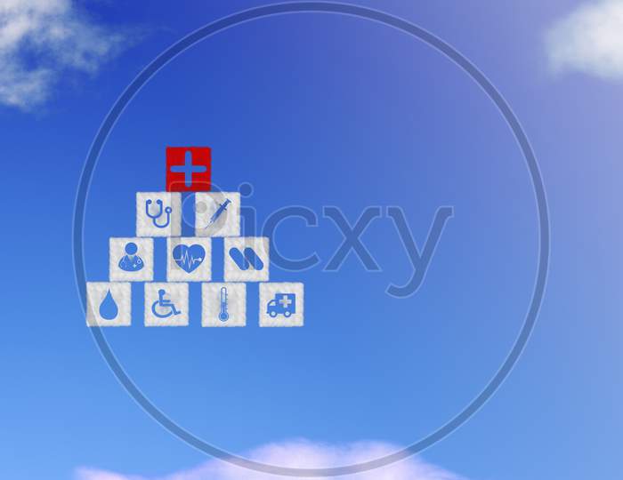 Cloud Shape Of Square Block Stacking With Icon Healthcare Medical On Blue Sky.