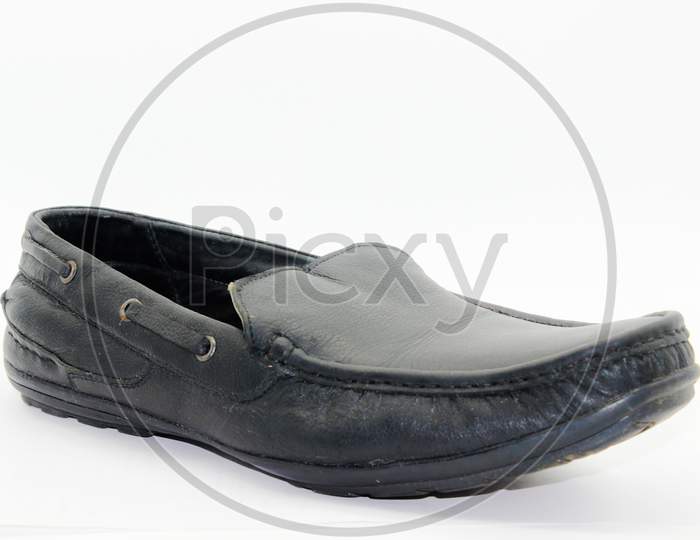Black Leather Shose For Men Isolated On White Background With Selective Focus