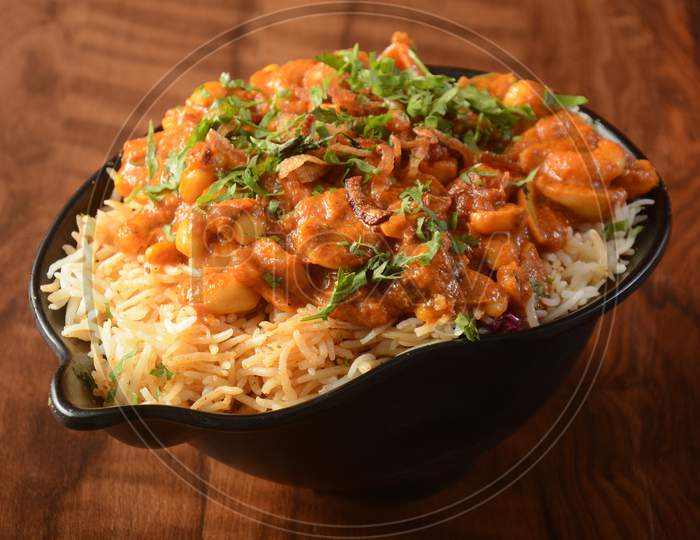 Traditional Hyderabadi Kaju Biryani With Kaju Curry, Selective Focus