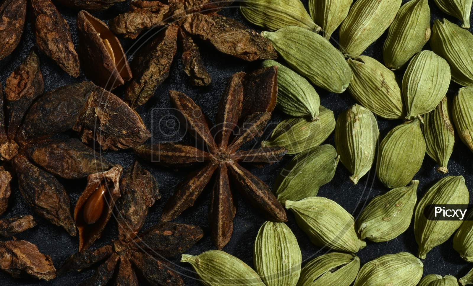 Star Anise (Chakra Phul)  and Cardamom closeup photos.Indian spices.