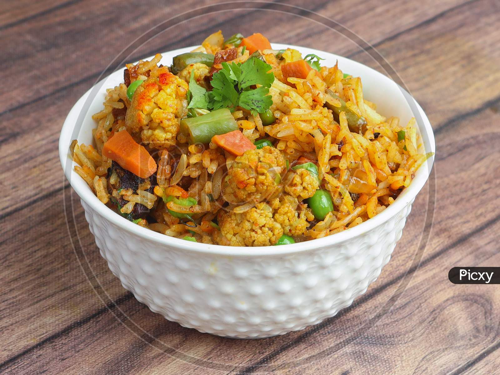 Traditional Vegetable / Veg Biryani With Mixed Veggies Served With Curry, Selective Focus