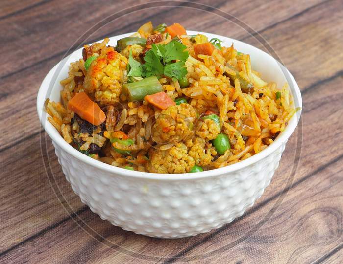 Traditional Vegetable / Veg Biryani With Mixed Veggies Served With Curry, Selective Focus