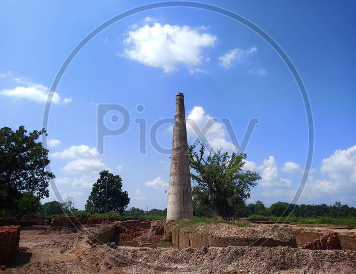 Chimney of a brick factory in Birmitrapur, Odisha.