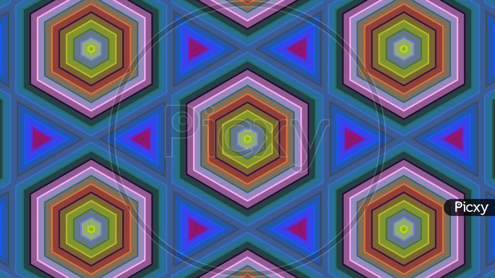 Abstract Background Of Colorful Hexagon And Different Surrounding Rings. Abstract Hexagon Background.
