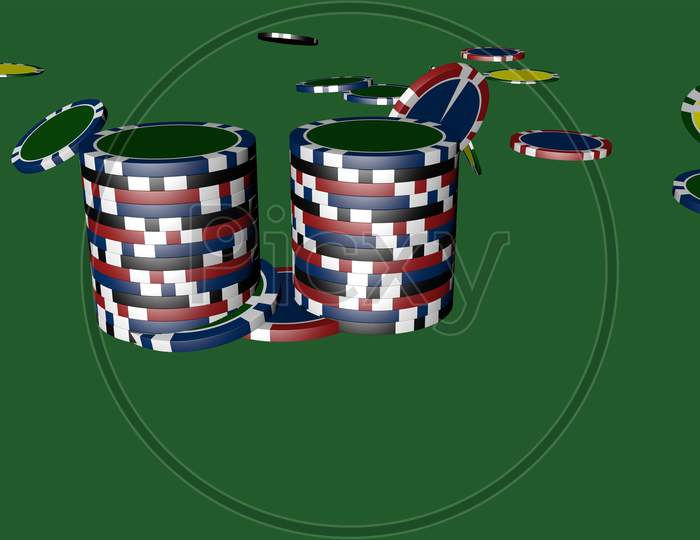 Set Of Poker Chips Of Different Colors Isolated On Green Background.