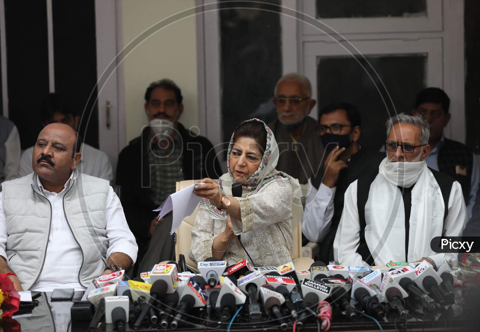 Peoples Democratic Party (PDP) President Mehbooba Mufti addresses Press Confrence at party HQ in Jammu,9 November.2020.
