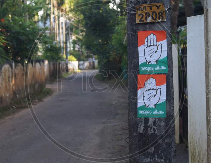 Thrissur, Kerala, India - 11/08/2020: Indian National Congress Poster In The Street In Kerala.The Election To The Three-Tier Local Local Body System To Be Held In Three Phases In December.