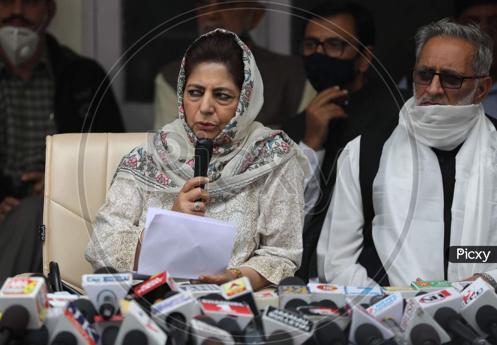 Peoples Democratic Party (PDP) President Mehbooba Mufti during a press conference, at party HQ in Jammu, Nov. 9, 2020.