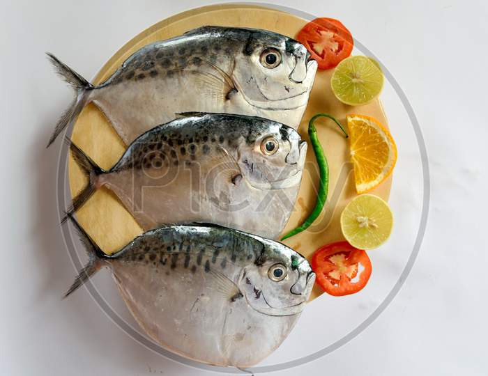 Fresh Razor Moonfish/Razor Trevally Fish, Decorated With Herbs And Lemon Slice On A Wooden Pad.