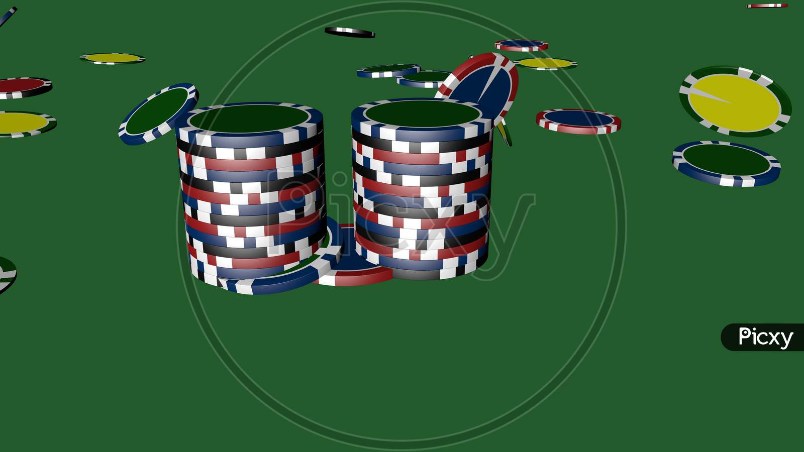 Set Of Poker Chips Of Different Colors Isolated On Green Background.