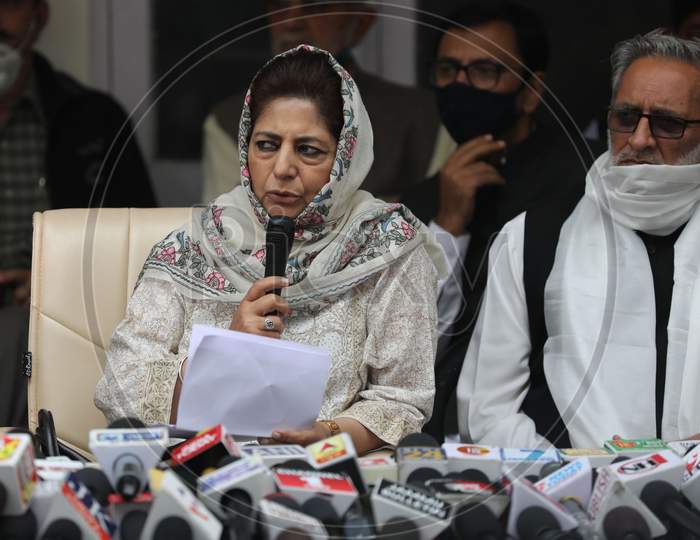 Peoples Democratic Party (PDP) President Mehbooba Mufti during a press conference, at party HQ in Jammu, Nov. 9, 2020.