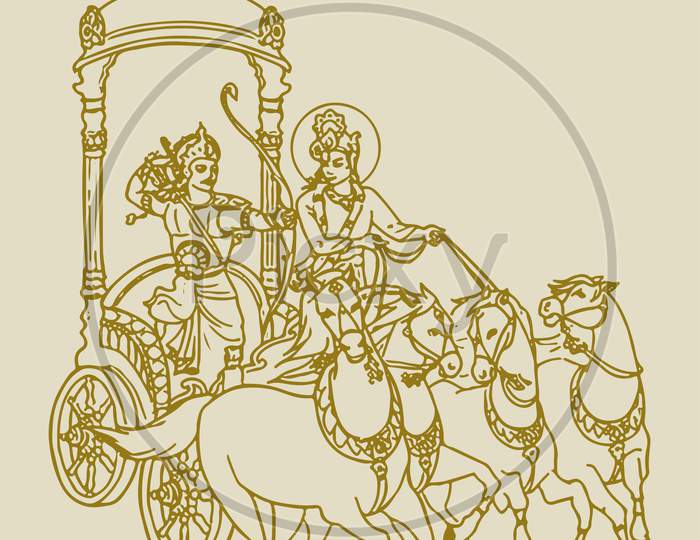 Sketch Of Lord Krishna Telling Bhagavad Gita To Arjuna In Kurukshetra War Field In Horse Chariot Editable Outline Illustration