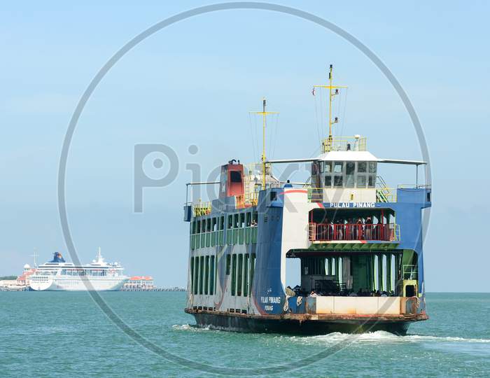 Blue Ferry At Sea Move Toward Penang Island