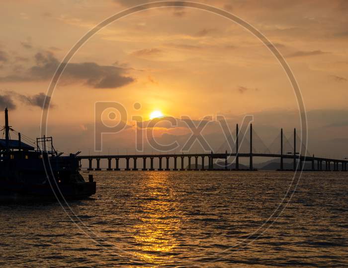 Penang Second Bridge With Golden Sunrise