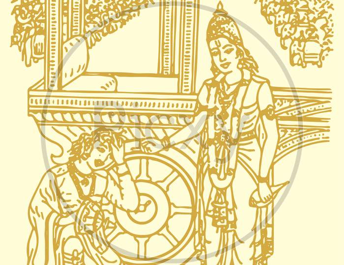 Sketch Of Lord Krishna Telling Bhagavad Gita To Arjuna In Kurukshetra War Field In Horse Chariot Editable Outline Illustration