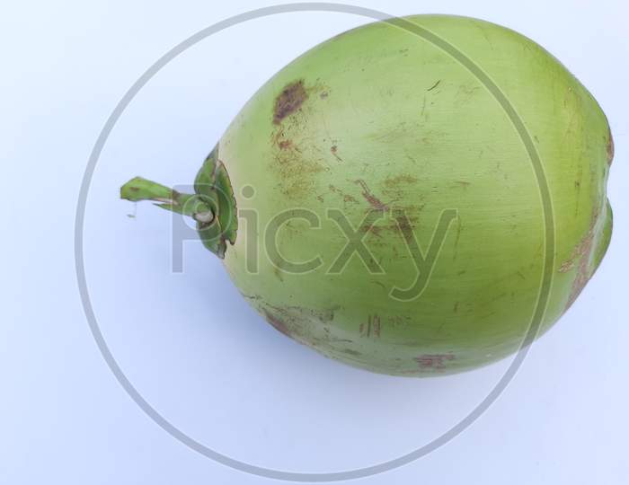 A Green Coconut image in white Background, Selective Focus, Coconut image, green Coconut