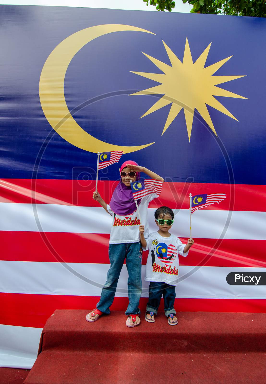 Two Children Hold Malaysia Flag Celebrate Malaysia Independence Day