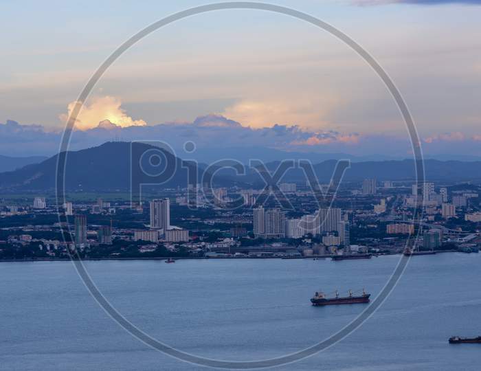 Aerial View Ship Sail Near The Sea At Penang