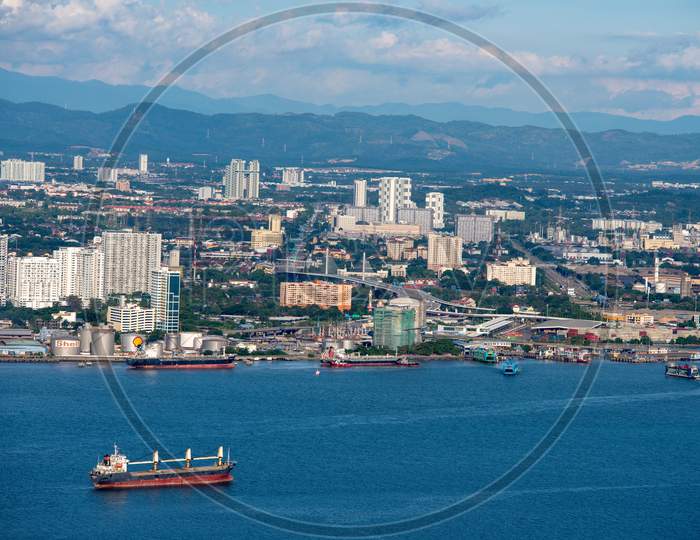 Aerial View Ship Move At The Sea Of Penang