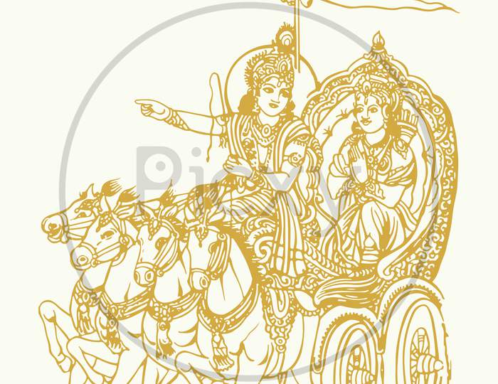 Sketch of Lord Krishna telling Bhagavad Gita to Arjuna in Kurukshetra war field in Horse Chariot Editable Outline Illustration