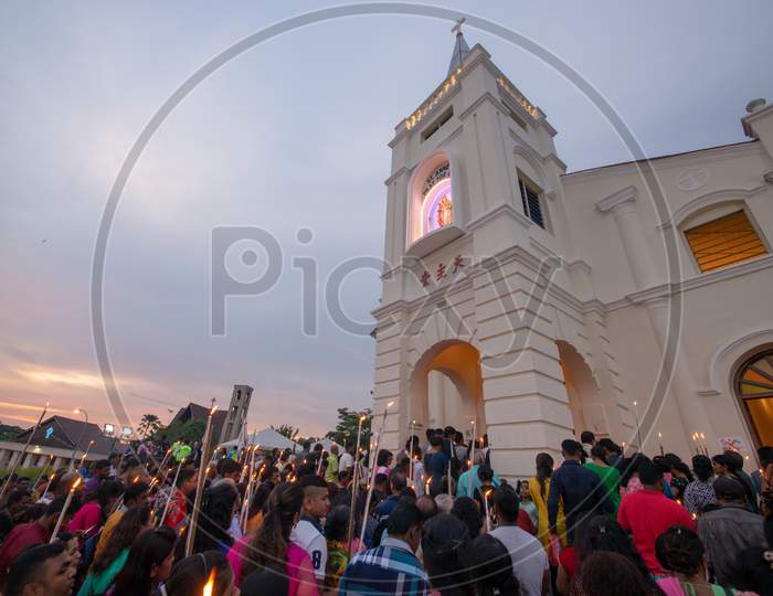 Devotees Attend With White Candle During Last Day Of St Anne Feast