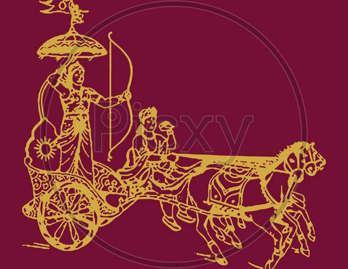 Sketch Of Lord Krishna Telling Bhagavad Gita To Arjuna In Kurukshetra War Field In Horse Chariot Editable Outline Illustration