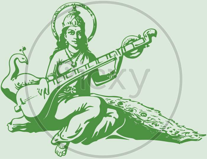 Sketch Of Lord Brahma'S Wife Goddess Saraswati Or Education God Outline Editable Illustration