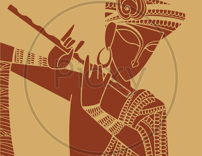 Sketch of Lord Krishna Using Music Instrument of Flute Editable Outline Illustration