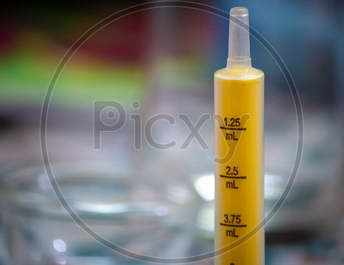 Close view of the syringe injector used in medical and health care industry