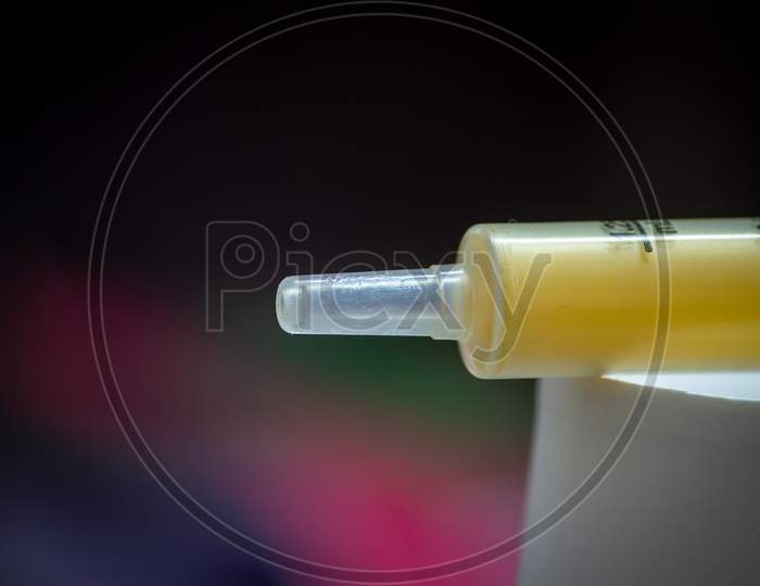 Close view of the syringe injector used in medical and health care industry
