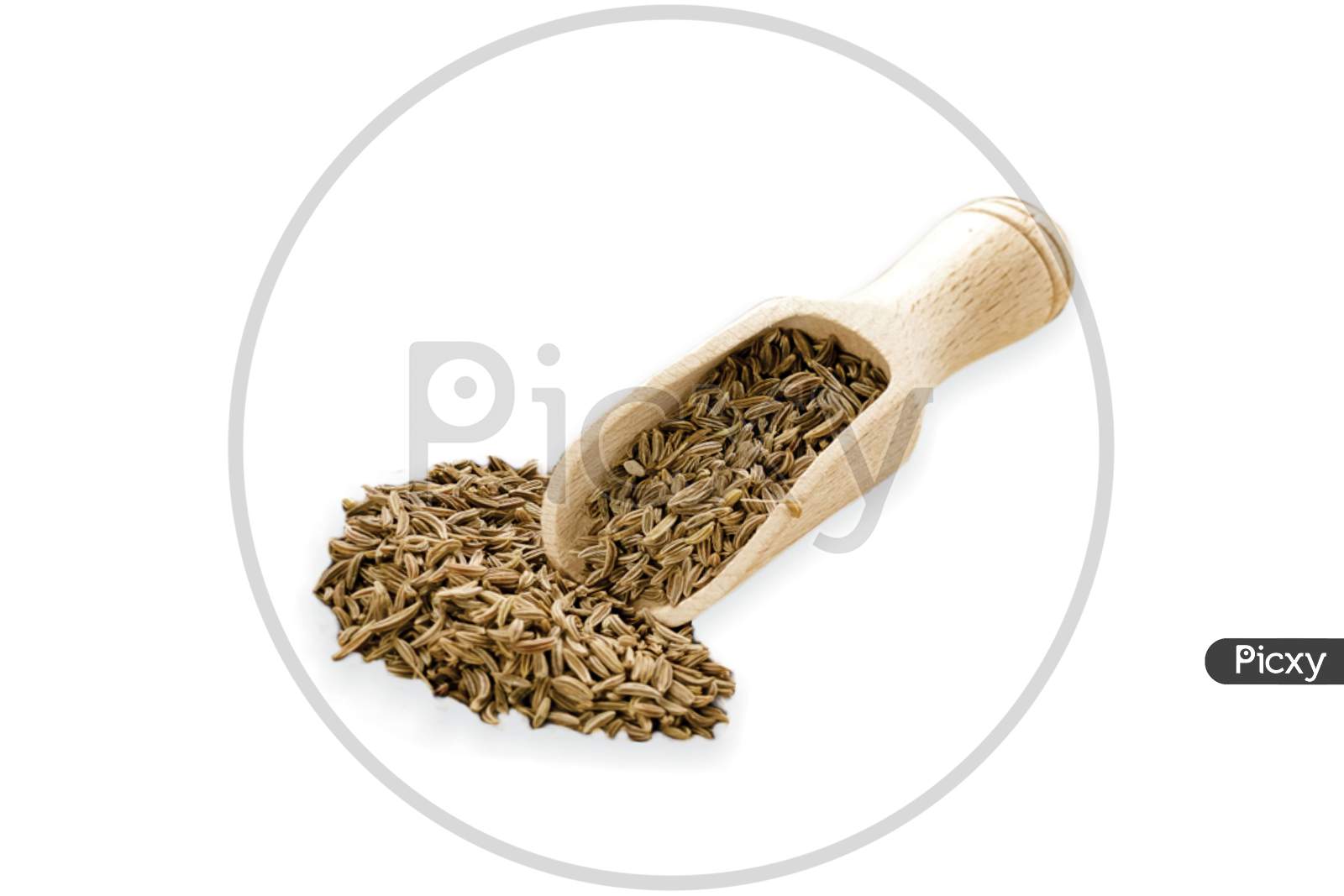 Food ingredients heap of cumin in a wooden scoop, on white background