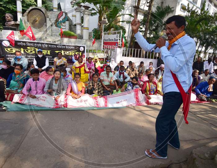 Members of Krisok mukti Sangram samiti (KMSS) take part in a protest against the Citizenship Amendment Act (CAA), in Nagaon District of Assam, India on Dec 12,2020