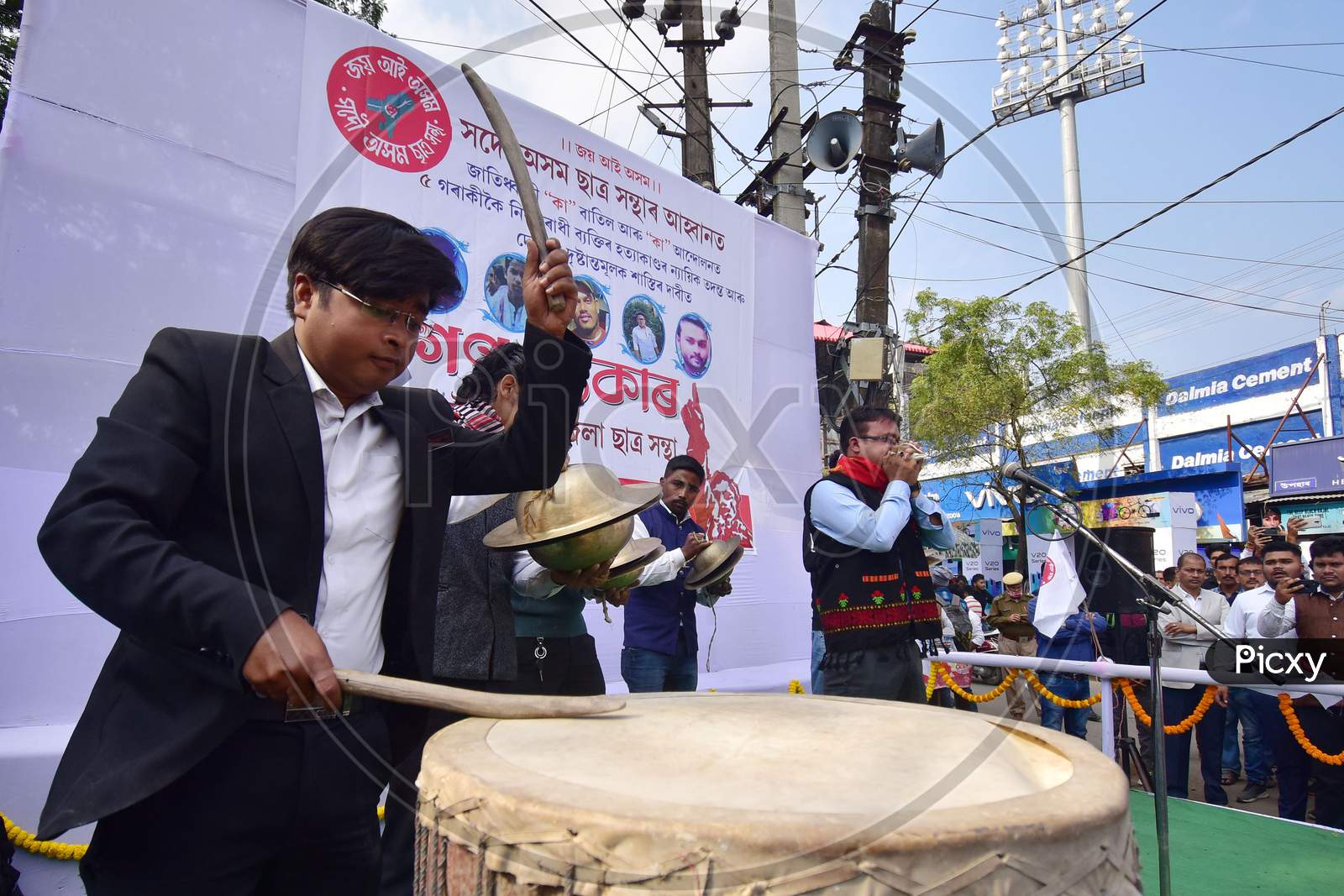 Activist of All Assam Students union (AASU) plays a drum and other instruments during a protest against the Citizenship Amendment Act (CAA), in Nagaon District of Assam, India on Dec 12,2020