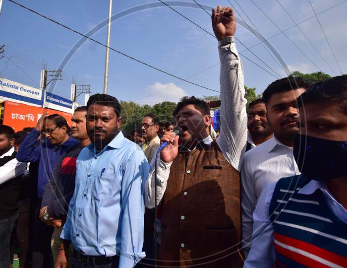 Activist of All Assam Students union (AASU) shout slogans during a protest against the Citizenship Amendment Act (CAA), in Nagaon District of Assam,India on Dec 12,2020