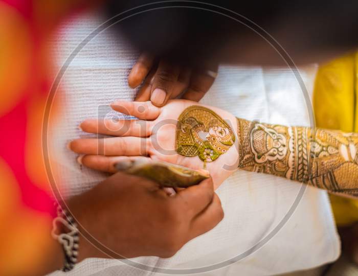 Hand Of An Indian Bride Decorated With Henna Or Mehndi