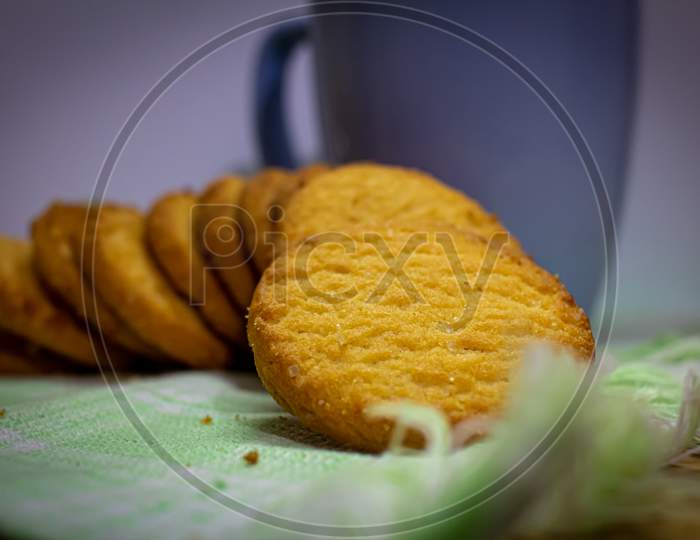 Butter Cookies With A Coffee In A Mug. Evening Coffee Brake With Snacks.