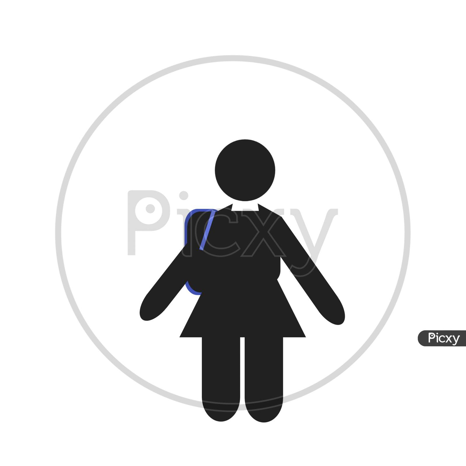 Small girl or kid school going icon in black with white background