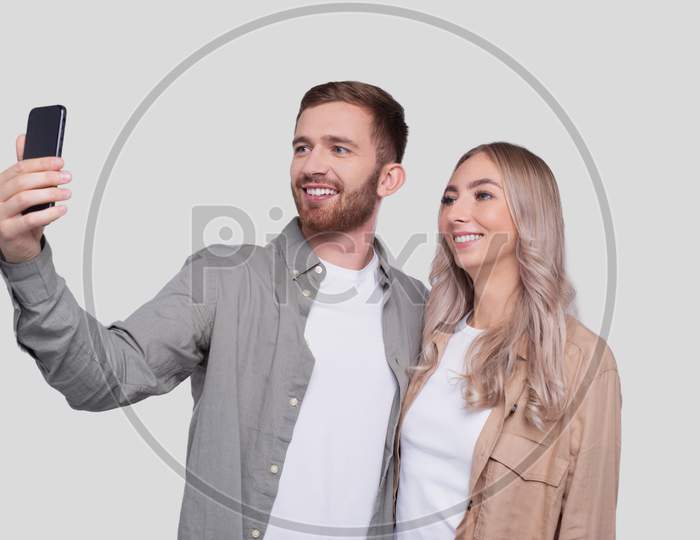 Couple Taking Selfie Isolated. Couple, Lovers, Family, Friends Concept