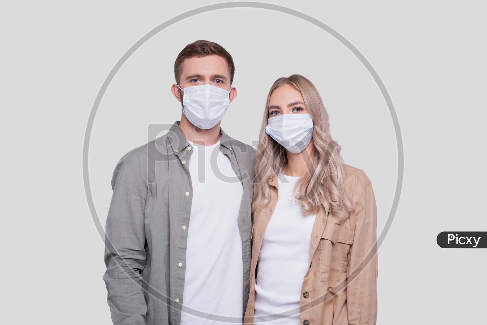 Couple Wearing Medical Mask Isolated. Man And Woman Hugging, Lovers, Friends, Couple, Virus Concept