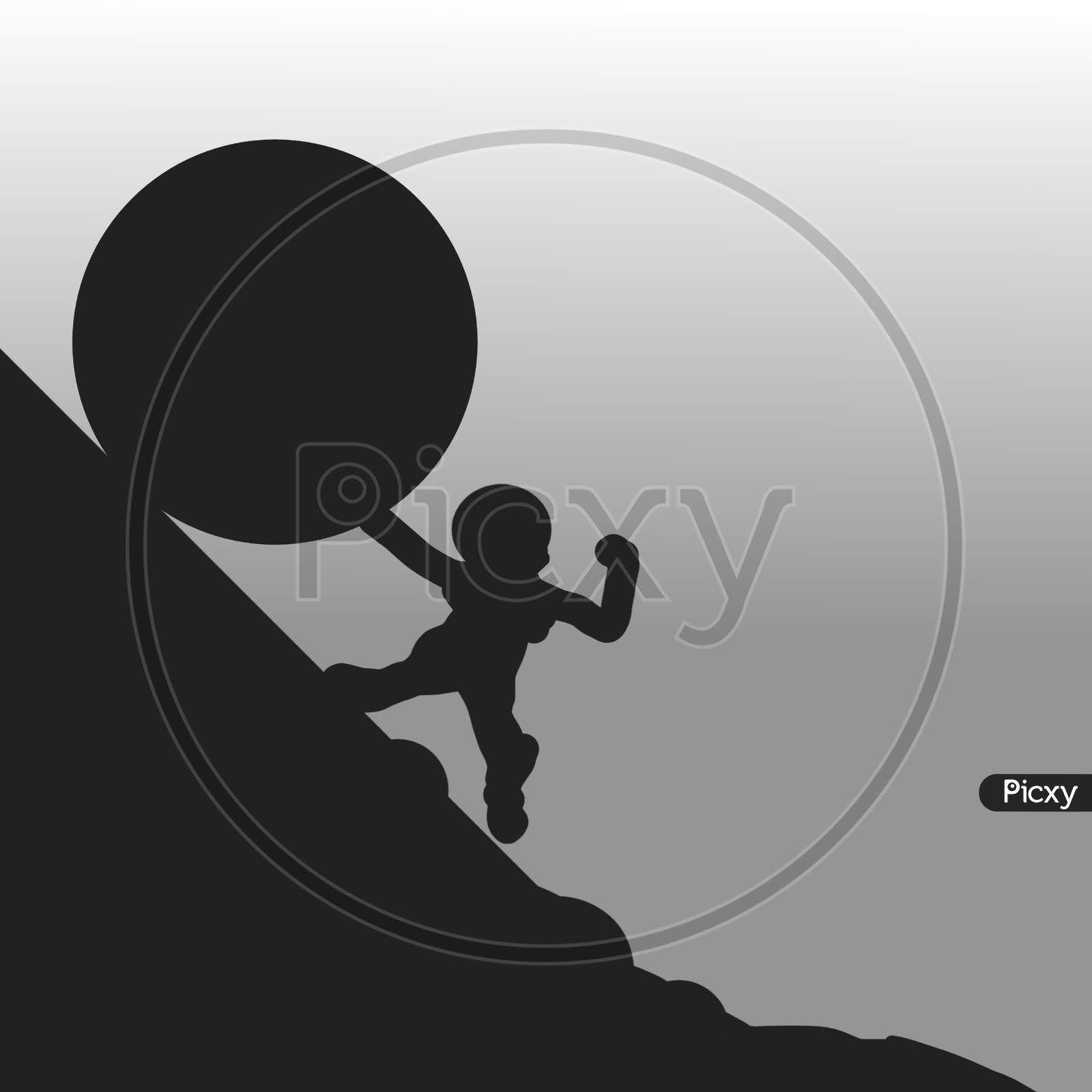 Beautiful digital art of a person lifting a huge stone in uphill shows hard work is the key to success