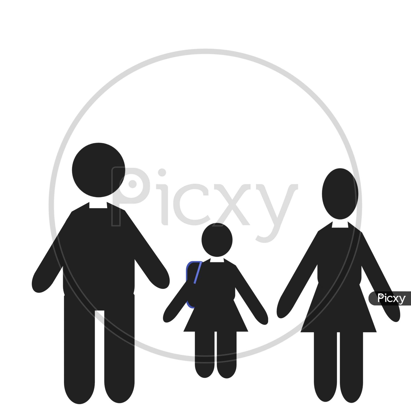 Clipart or icon of a small girl going to school with her parents