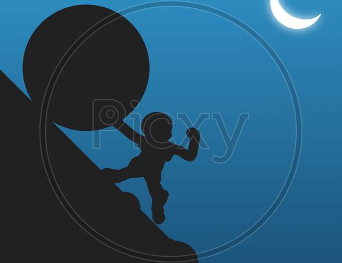 Beautiful digital art of a person lifting a huge stone in uphill shows hard work is the key to success