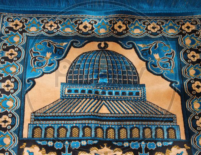 High Angle View Of Lovely Prayer Mat Or Prayer Rug For Muslims