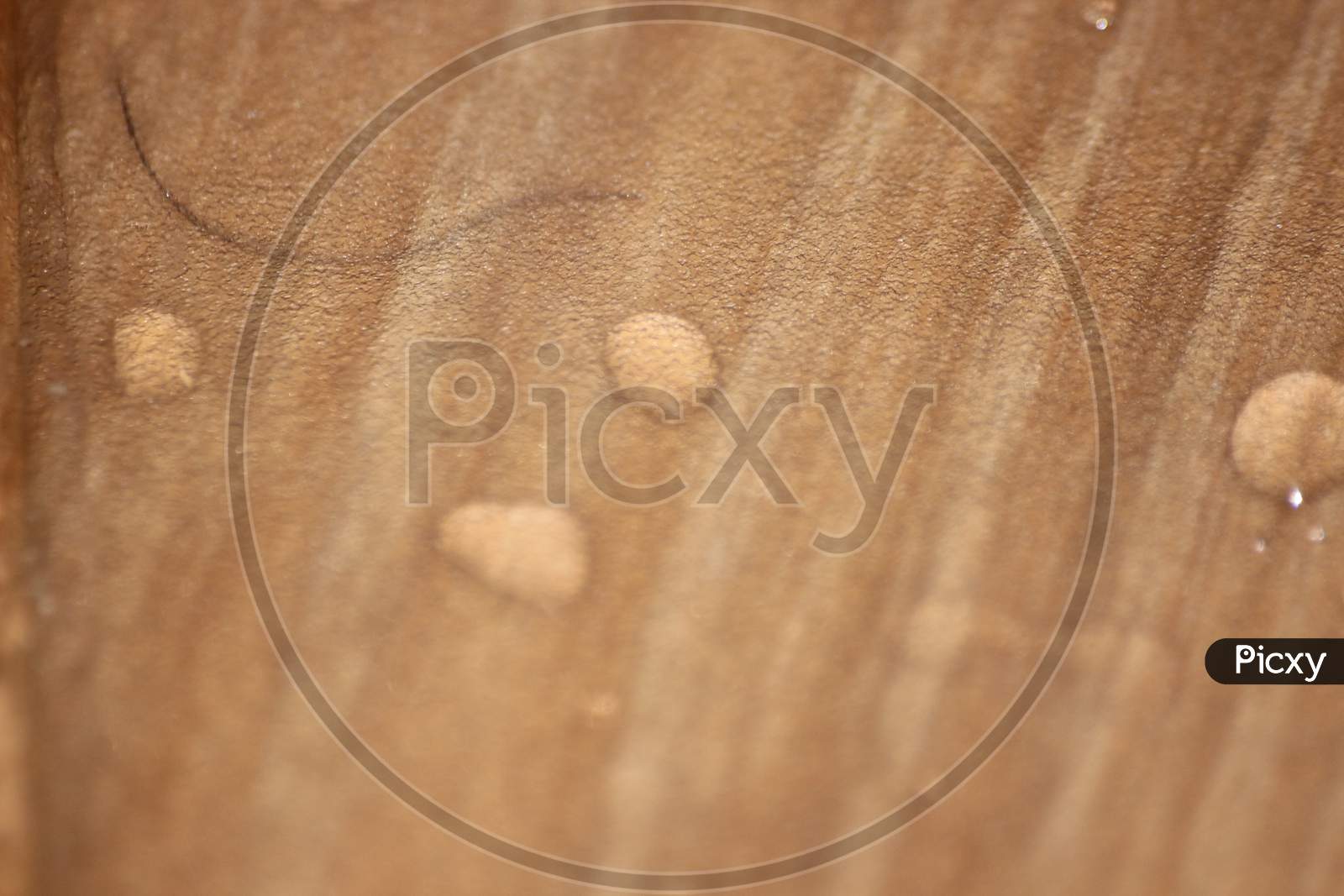 Closeup Selective Focus View Of Water Drops On Wooden Floor.