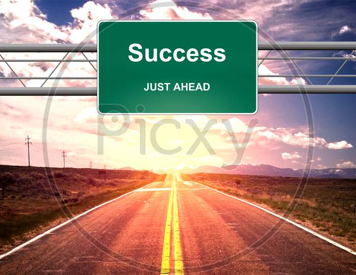 Success Just Ahead Road Sign - Life Success Concept