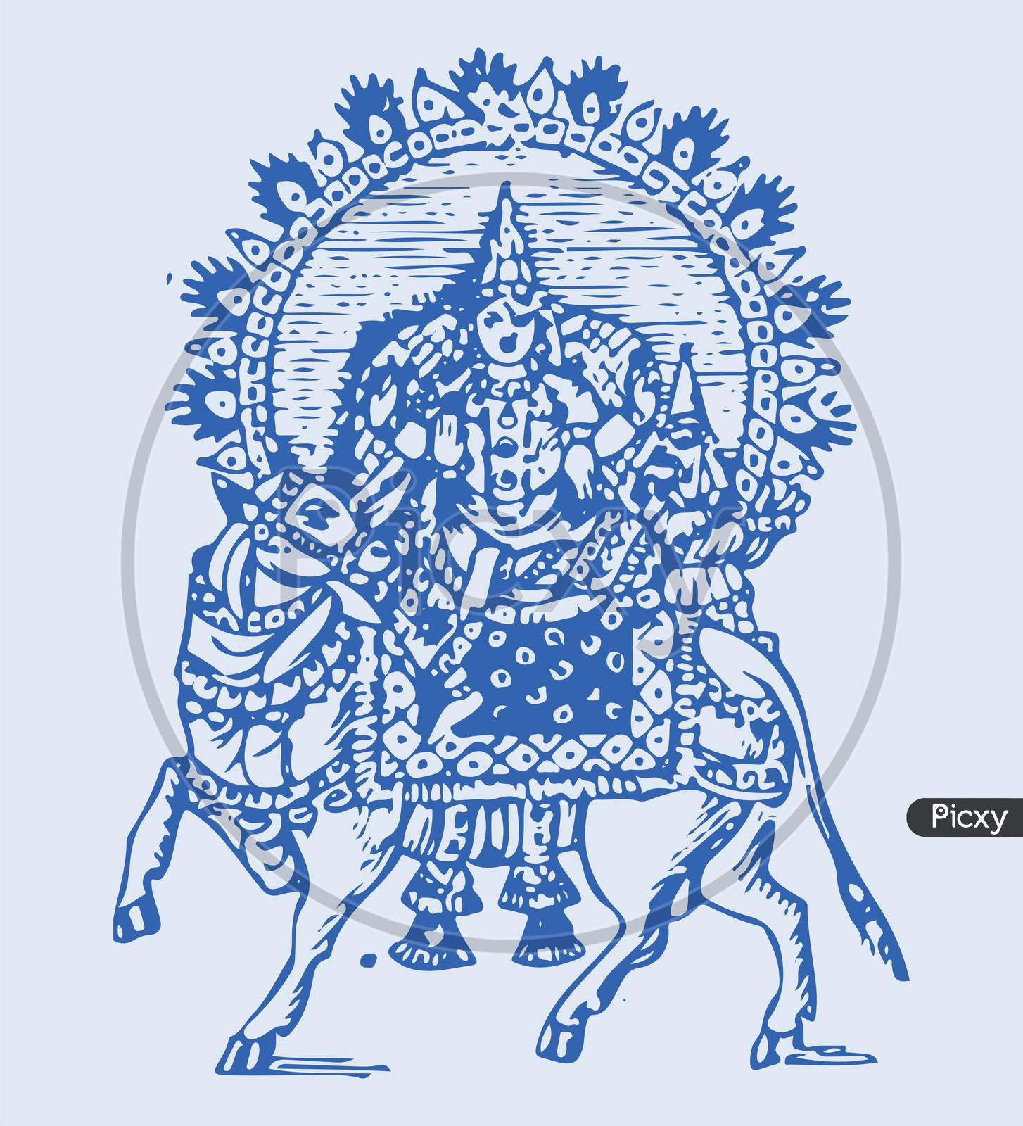 Sketch Of Lord Shiva Sitting Above His Vehicle Nandi With Trishul And Blessing Pose